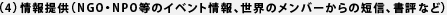 情報提供(NGO・NPO等のイベント情報、世界のメンバーからの短信、書籍など)
